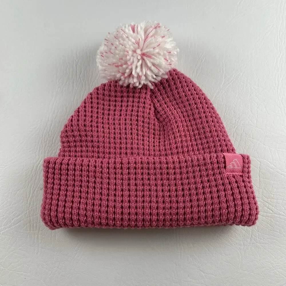 Adidas Pink Pom Pom Beanie Women’s Knit Cuffed Winter Hat Logo